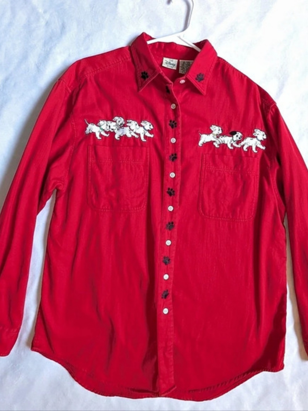 Vintage 90s The Disney Store 101 Dalmatians Embroidered Red Button Down Shirt XL